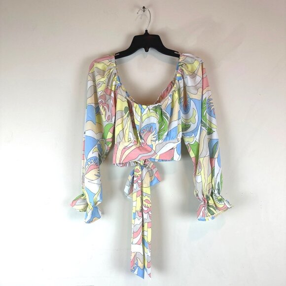 Milk & Honey pastel crop top off shoulder balloon sleeves bow boho retro arty XL - Picture 2 of 12